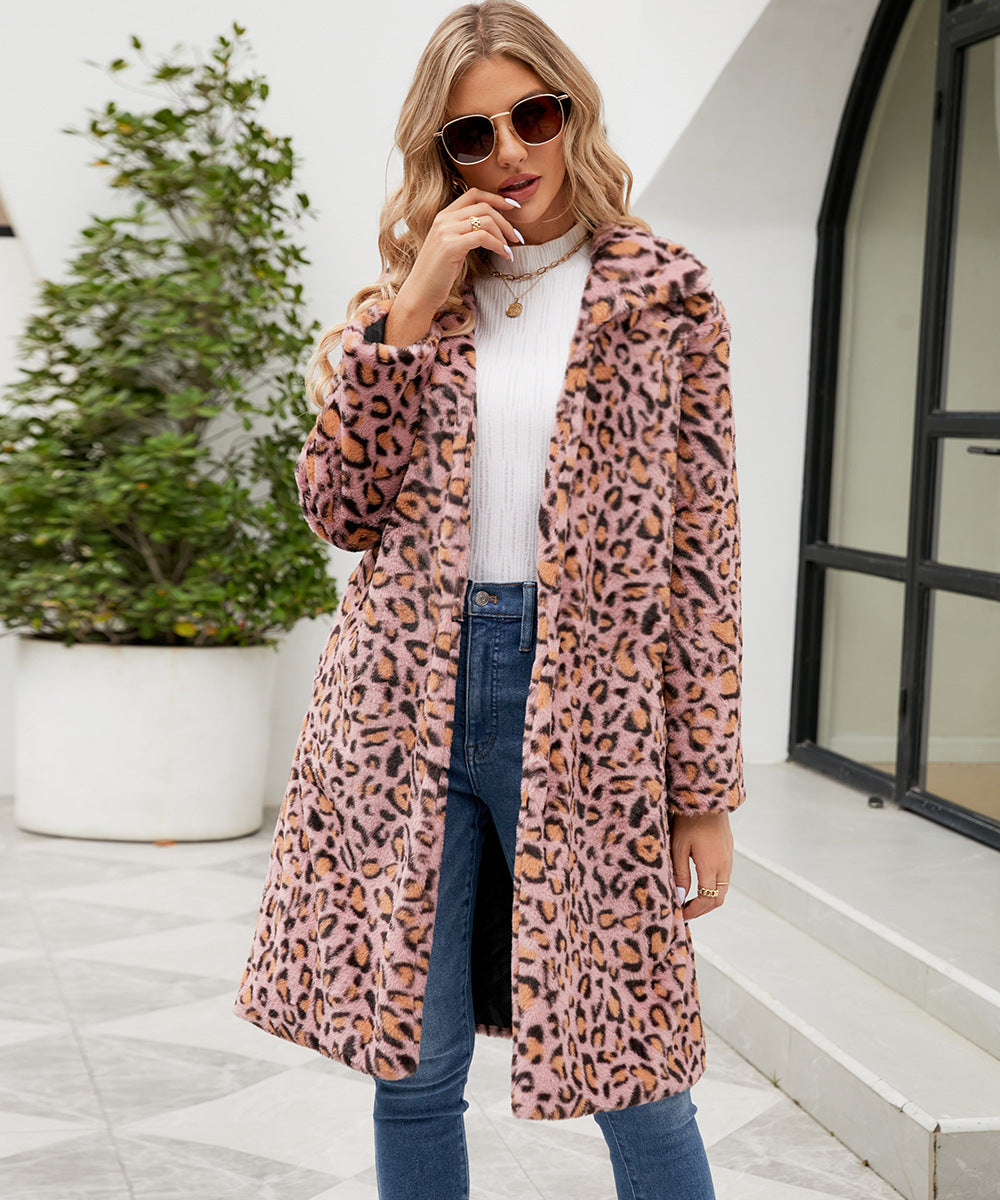 Women's Leopard Print Plush Imitation Fur Lapel Coat