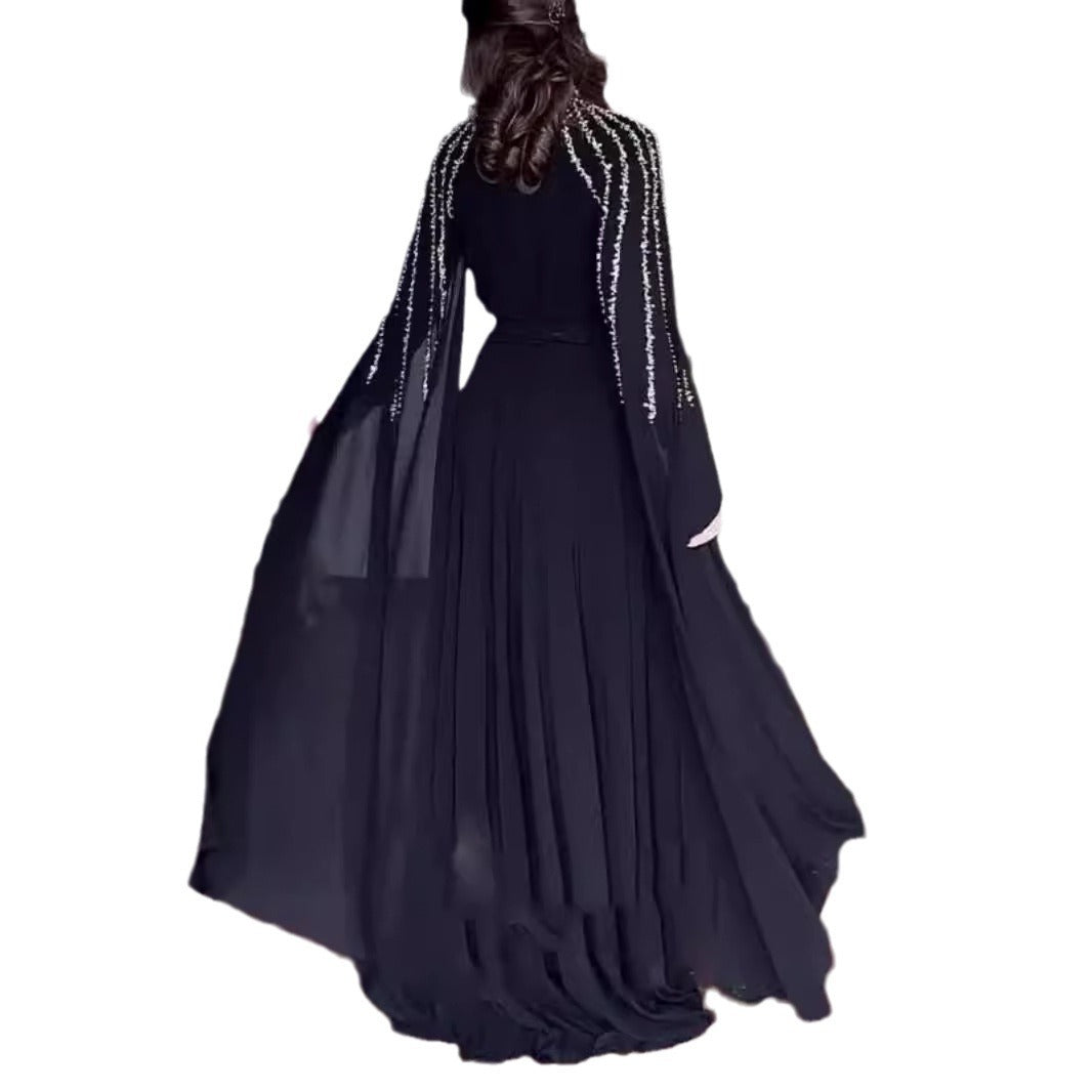 Robe longue de princesse arabe à col montant et manches longues, ornée de strass, disponible en noir, rouge et rose