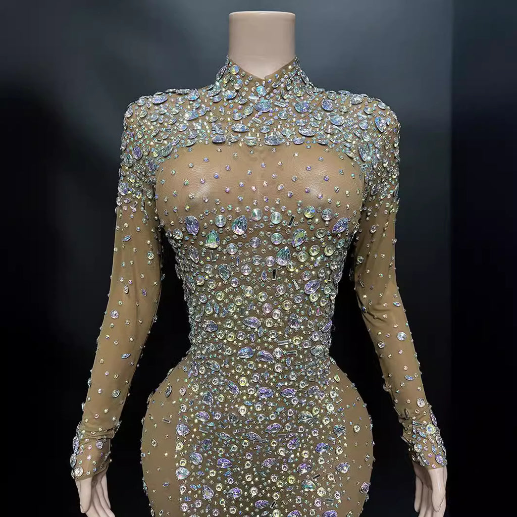 Women's Brown Shiny Diamond Backless Long Sleeve Dress