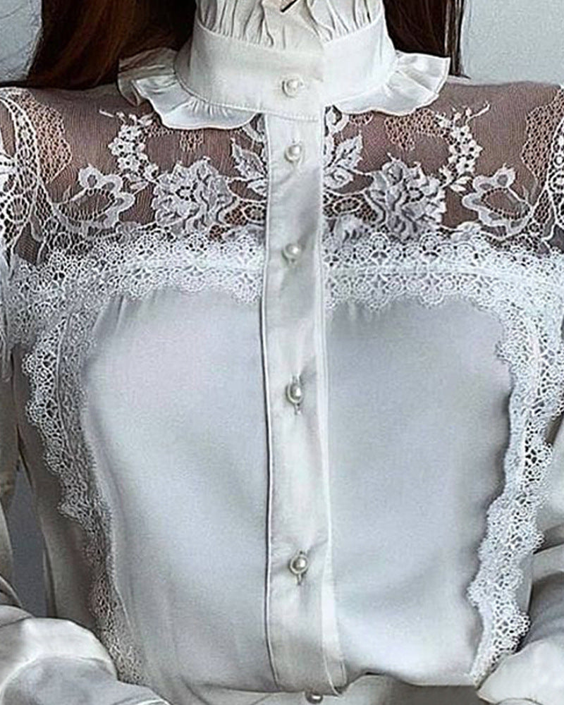 Chemise Femme en Modal à Manches Longues avec Coutures en Dentelle Blanche et Liseré