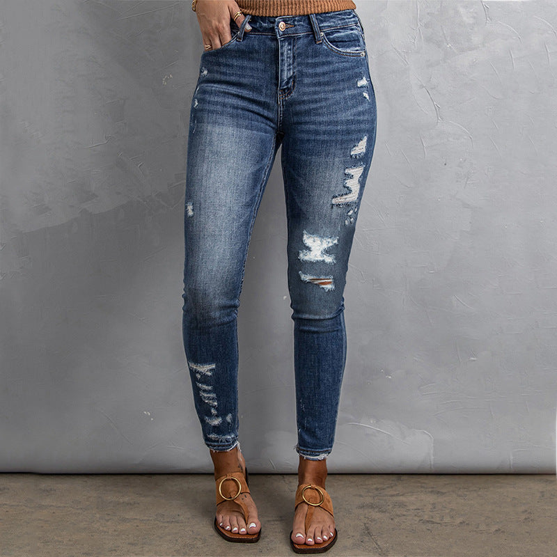 Jean taille haute décontracté et ajusté pour femme, effet vieilli, bleu foncé