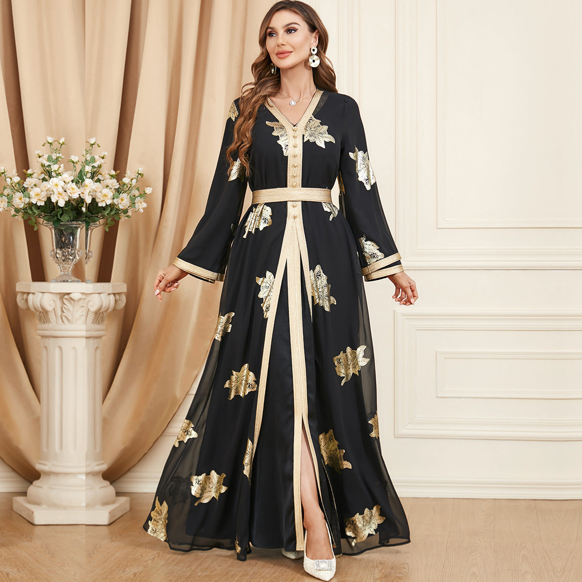 Robe deux pièces en mousseline de soie noire avec perles à ongles pour femmes musulmanes du Moyen-Orient M-XXL