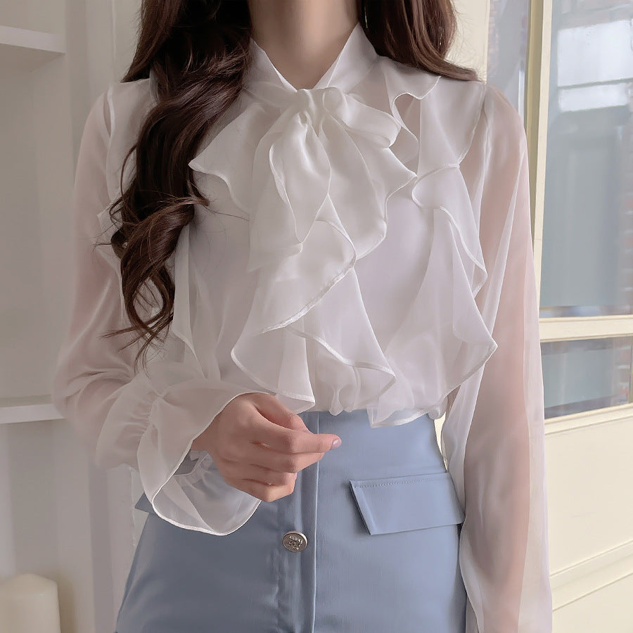 Women's Chiffon Lace-Up Shirt Long Sleeve Top in White & Gray