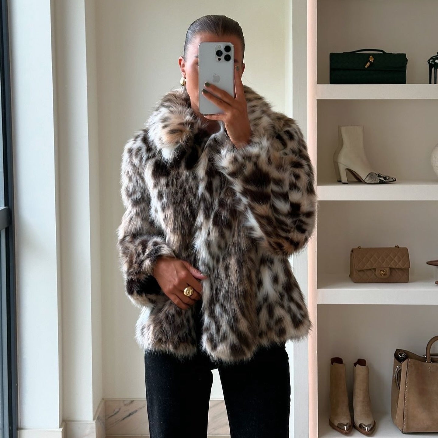 Leopard Print Short Lapel Fur Coat for Women