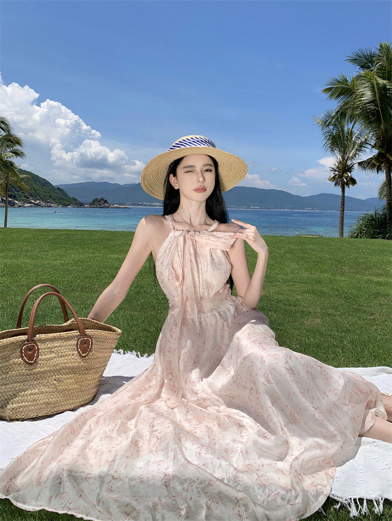 French Halter Lace-Up Sleeveless Off-Shoulder Floral Seaside Holiday Dress