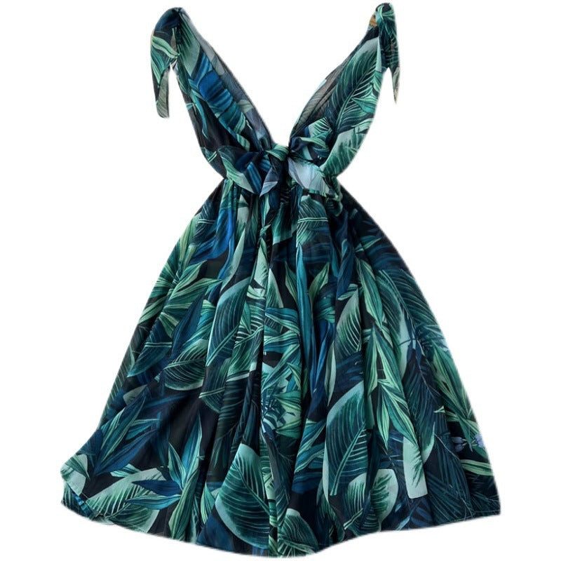 Lace-Up Printed Chiffon Beach Dress for Women