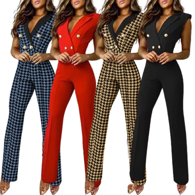 V-Neck Houndstooth Sleeveless Jumpsuit for Women Professional Wear