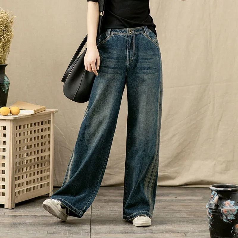 Pantalon en jean large à taille haute et coupe droite pour femmes