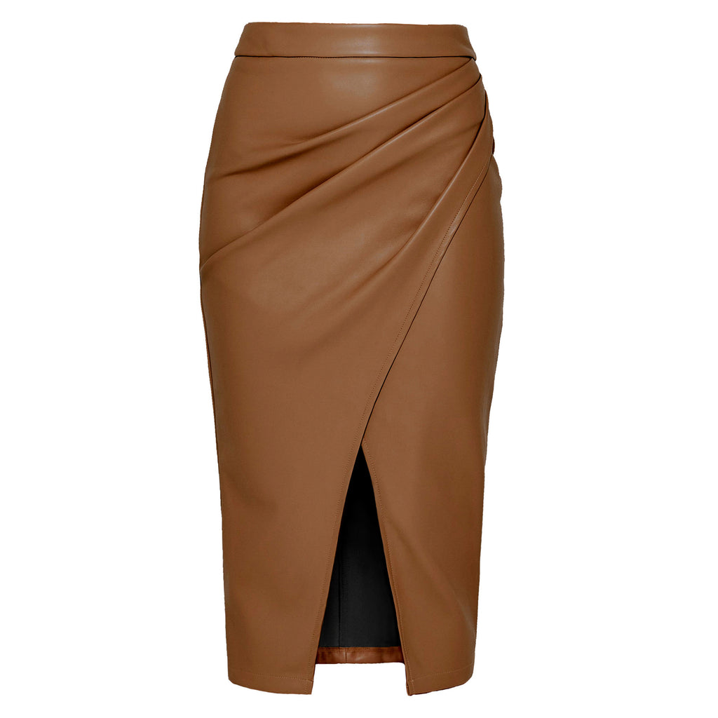 Women's High Waist Zipper Pleated PU Leather Skirt