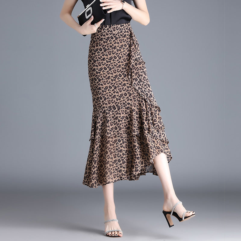 Leopard Print Ruffled Chiffon High Waist Asymmetric Skirt