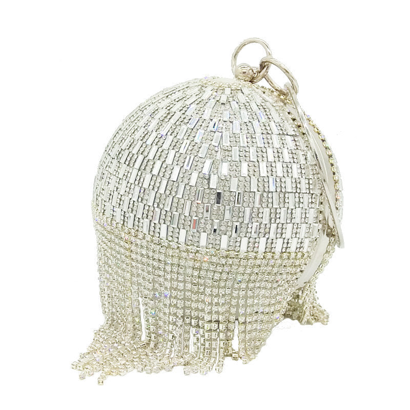 Small Round Tassel Tote Bag with Rhinestones and Chain Handle