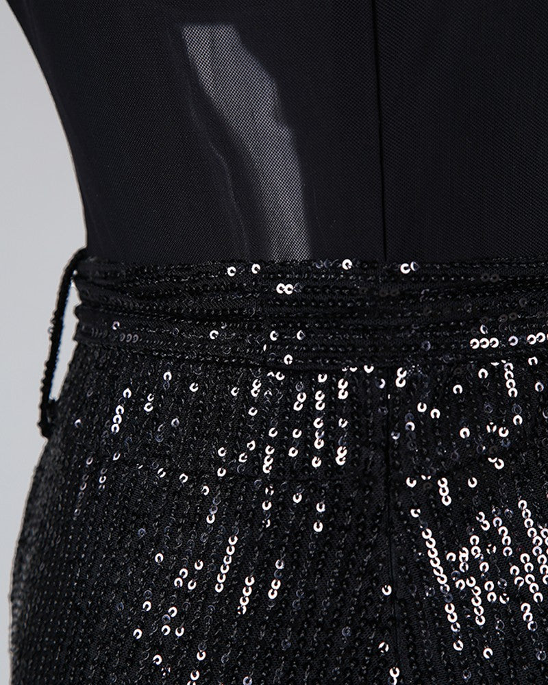 Combinaison longue à paillettes noire en V profond, mélange de coton
