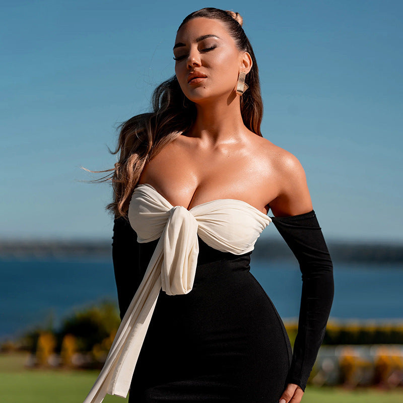 Color Matching Lace Up Off-shoulder Bandeau Slim-fit Dress