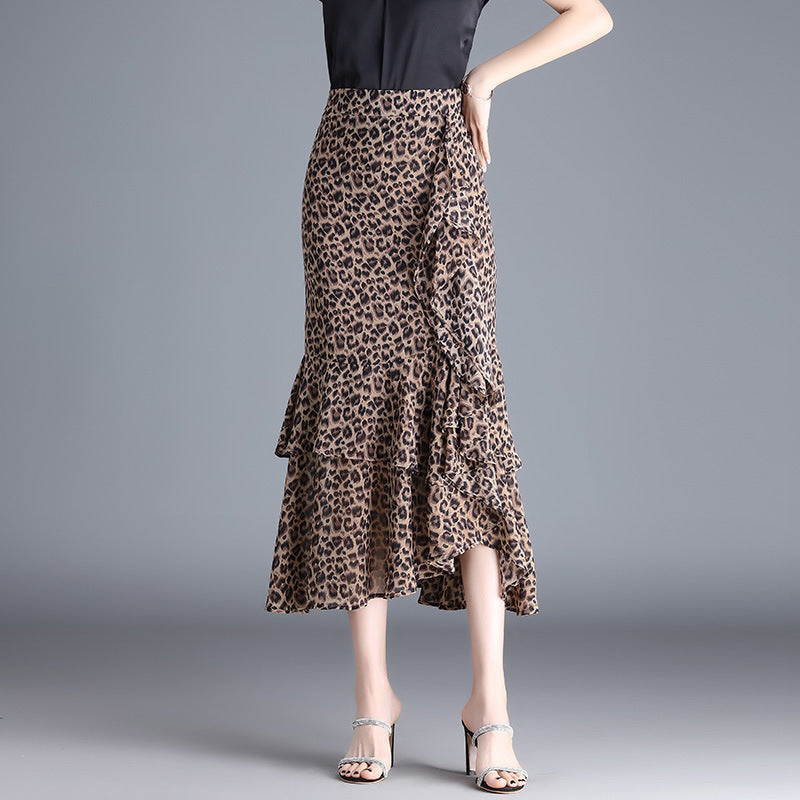 Leopard Print Ruffled Chiffon High Waist Asymmetric Skirt