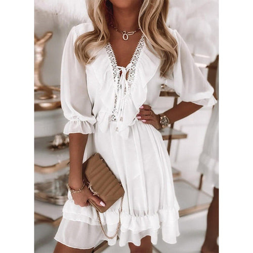 Robe décontractée ample en mousseline blanche à col en V, épissée, avec manches bouffantes