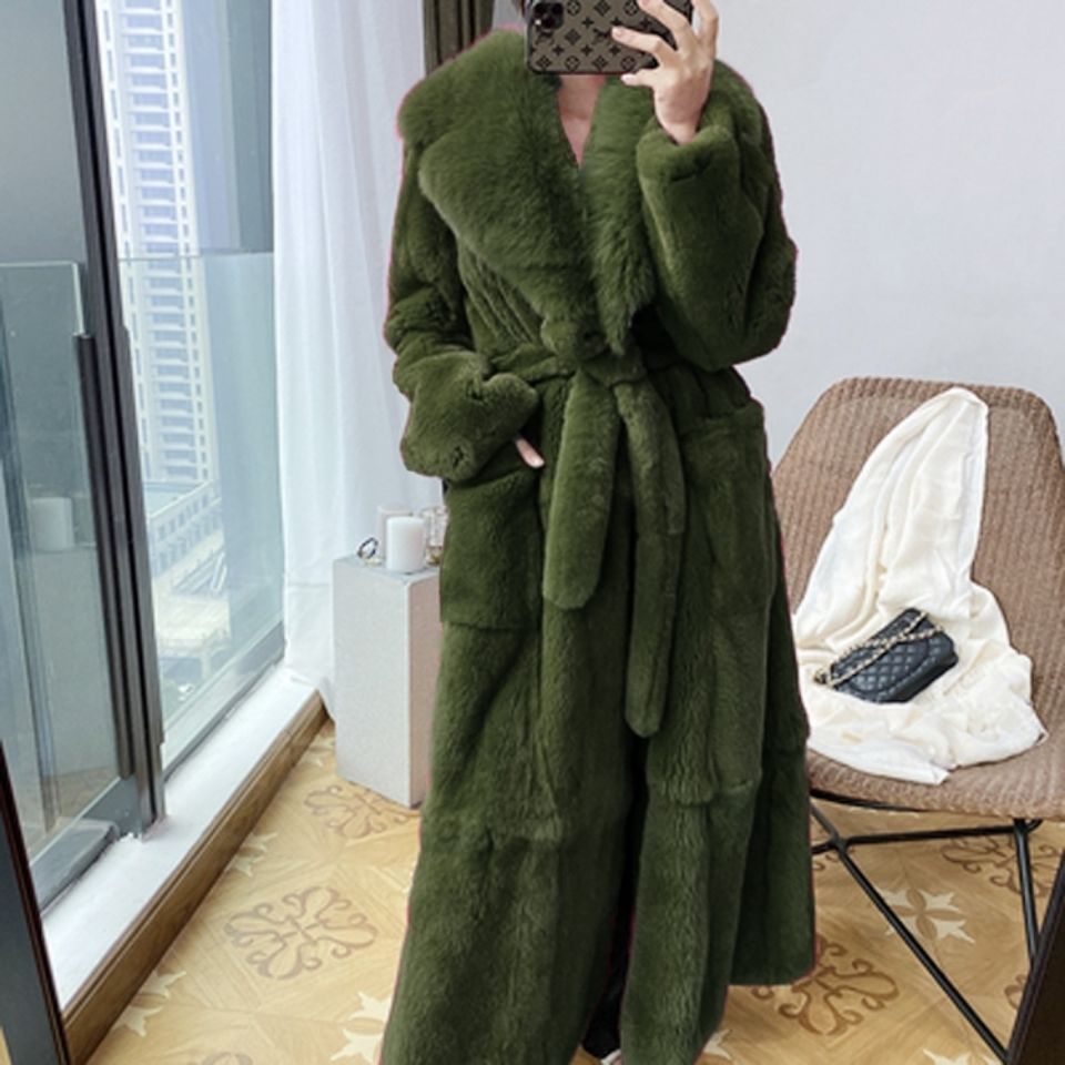 Women's Mid-Length Faux Rabbit Fur Coat – Urban Casual V-Neck