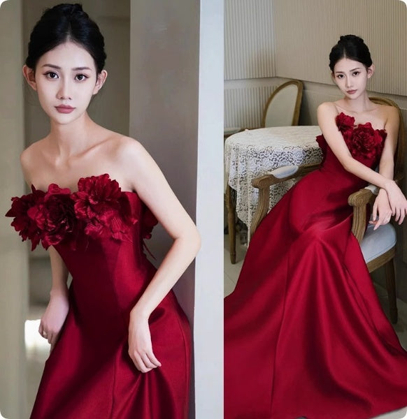 Human Wealth Burgundy Strapless Silk Wedding Toast Dress