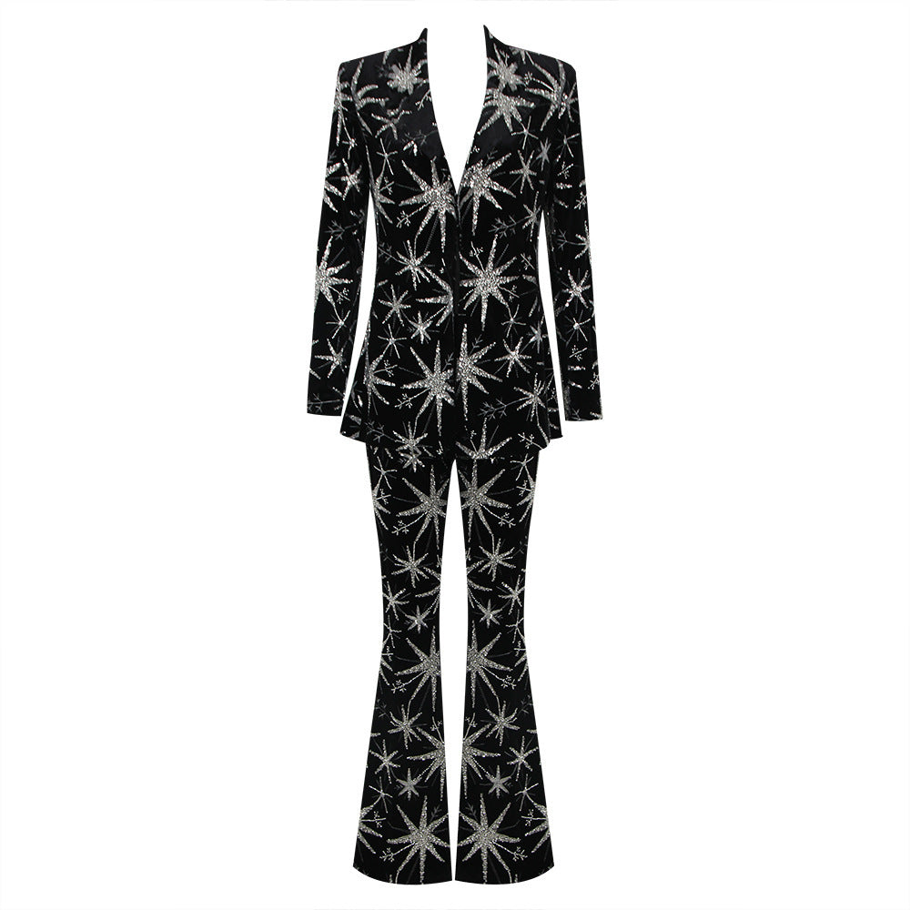 Fashion Women's Black Polyester Starfish Long Sleeve Three-Piece Suit S-XL