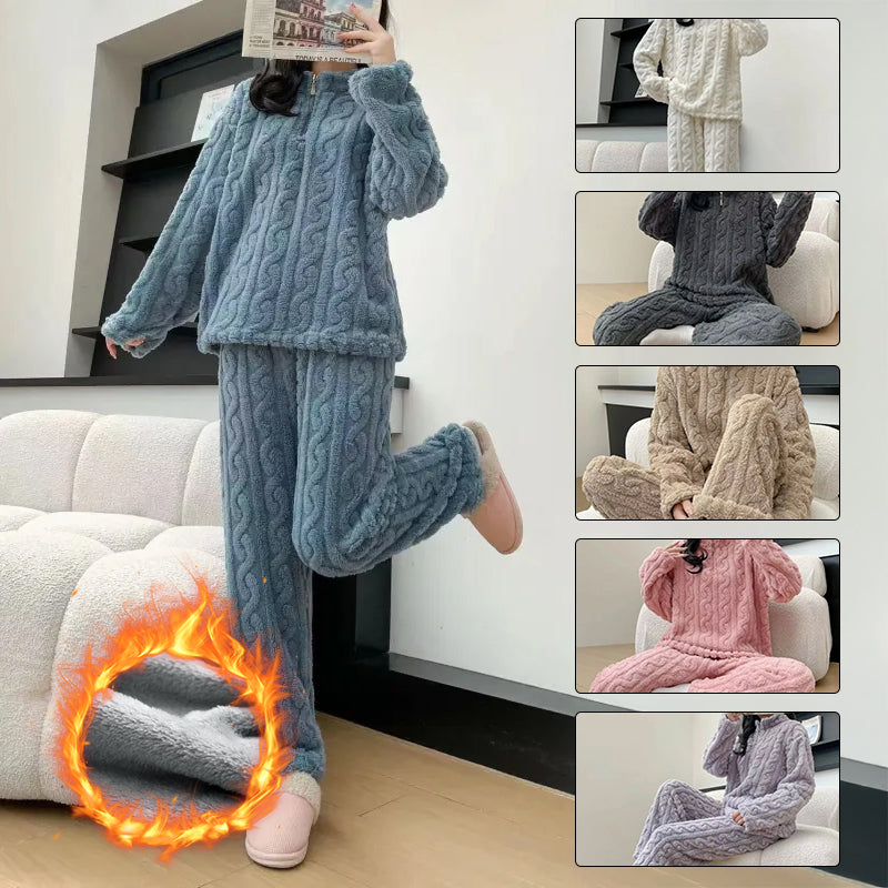 Pyjama Couple Hiver Automne en Polaire Corail Épais avec Fermeture Éclair Torsadée, Tenue d'Intérieur