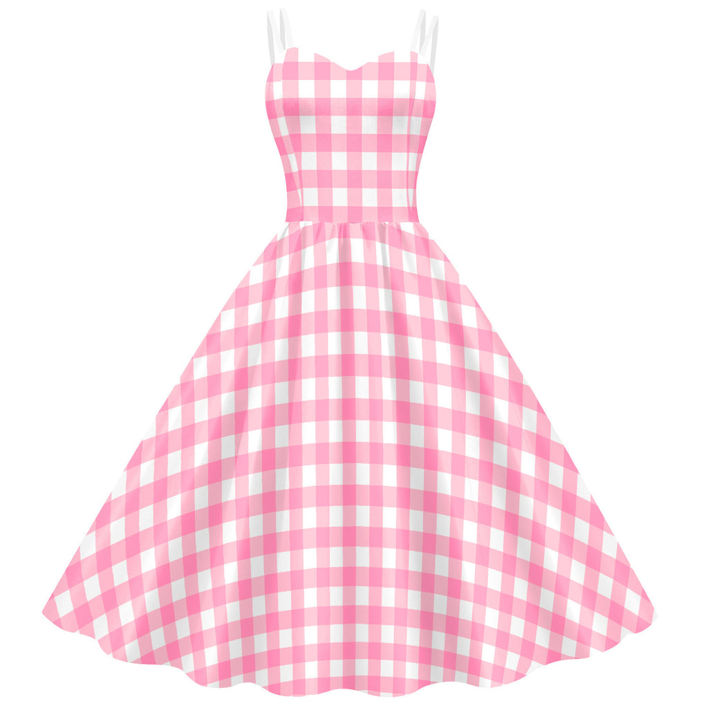Women’s Barbie Pink Plaid Digital Print Dress