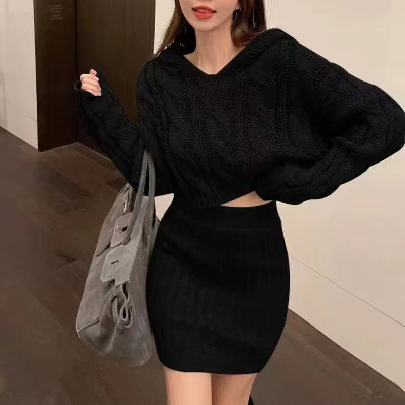 Ensemble pull à capuche torsadé rétro et jupe taille unique pour femmes