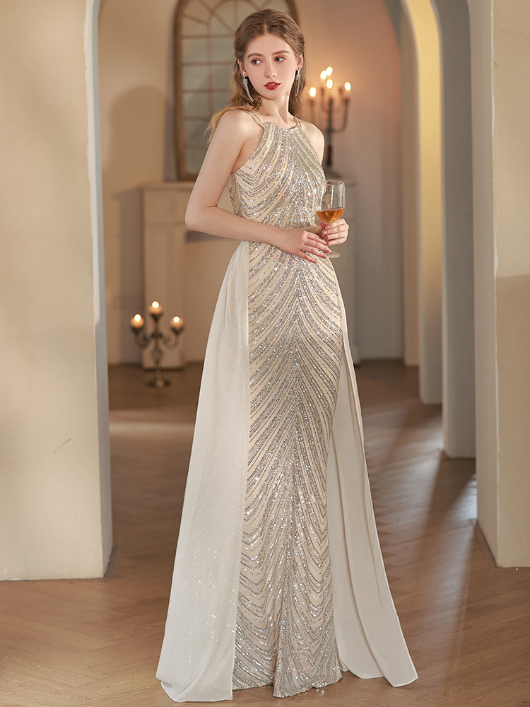 Robe de soirée sirène couleur champagne doré pour femme, luxe haut de gamme