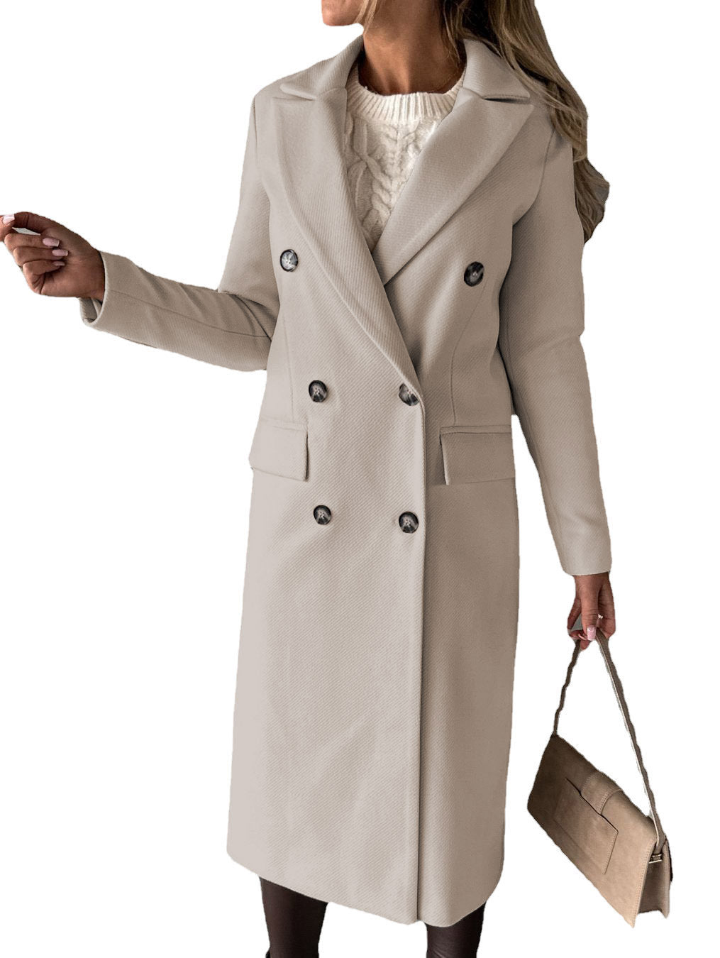 Manteau long d'hiver ajusté à revers double boutonnage pour femme