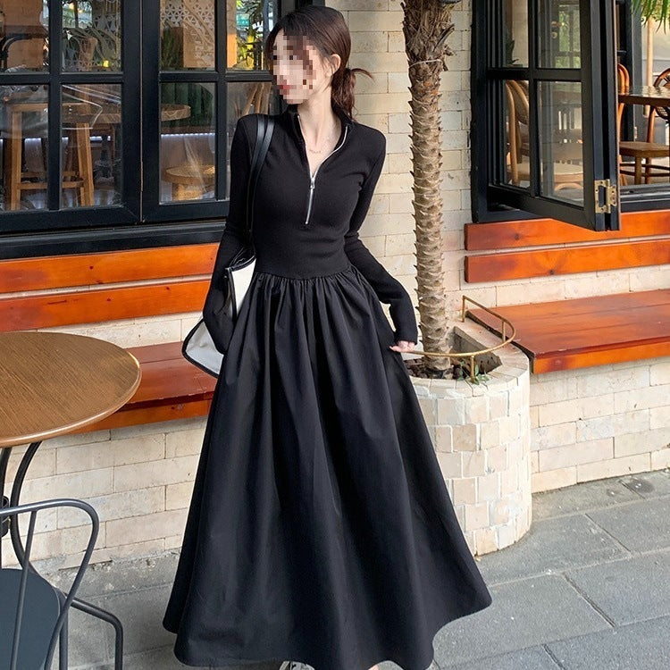 Fashionable Black Knitted A-Line Dress for Women