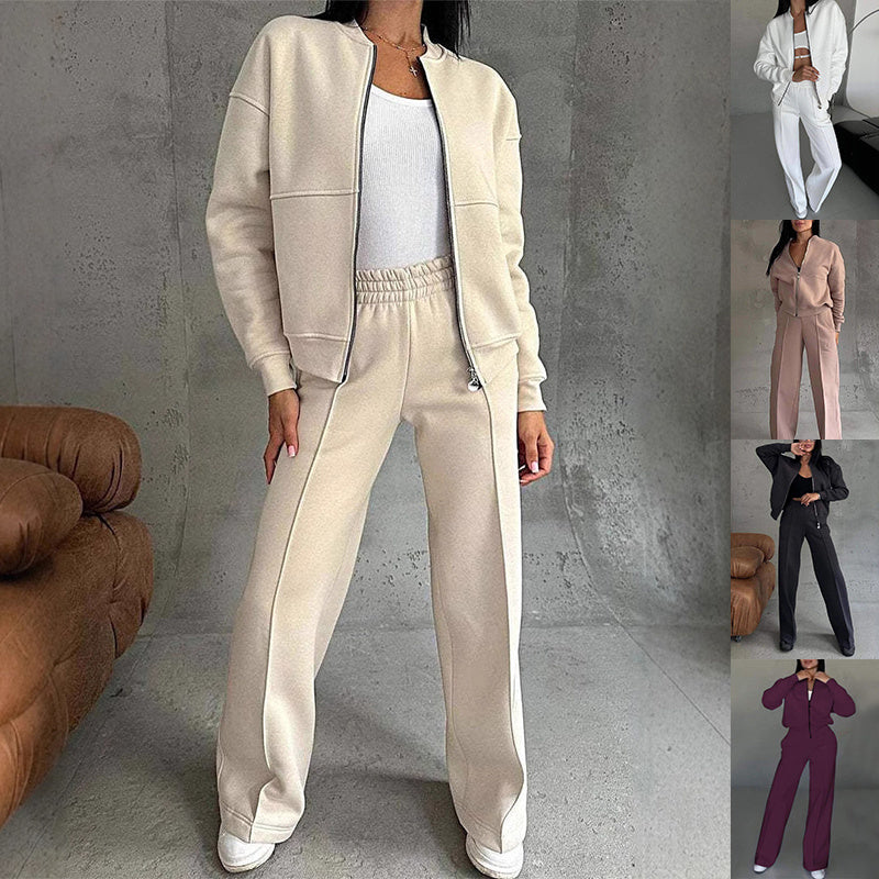 Women's Two-Piece Sports Suit Zipper Jacket & Wide Leg Pants
