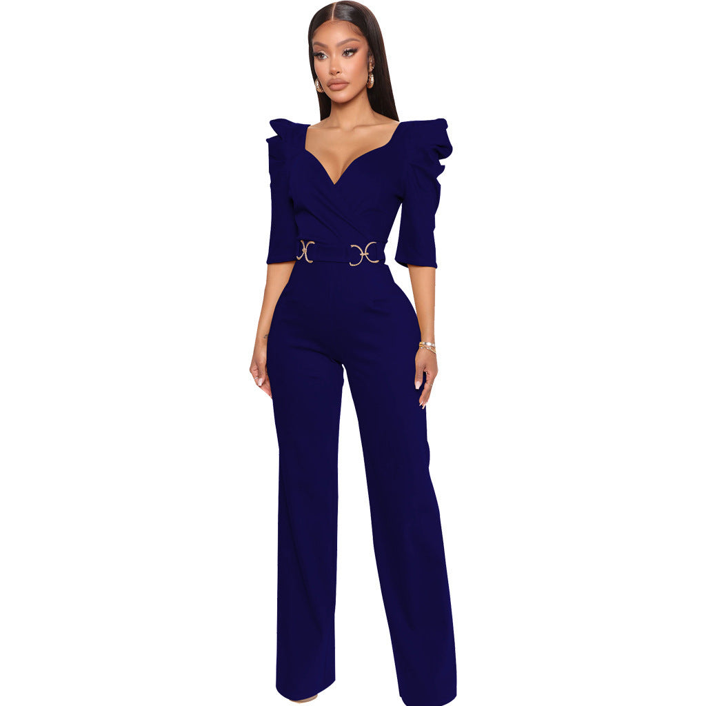 Long Sleeve V-Neck Wide Leg Sexy Jumpsuit
