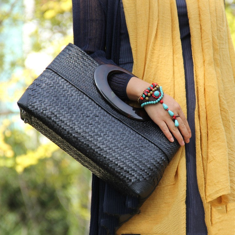 Handmade Black Straw Rattan Women's Handbag 37CM