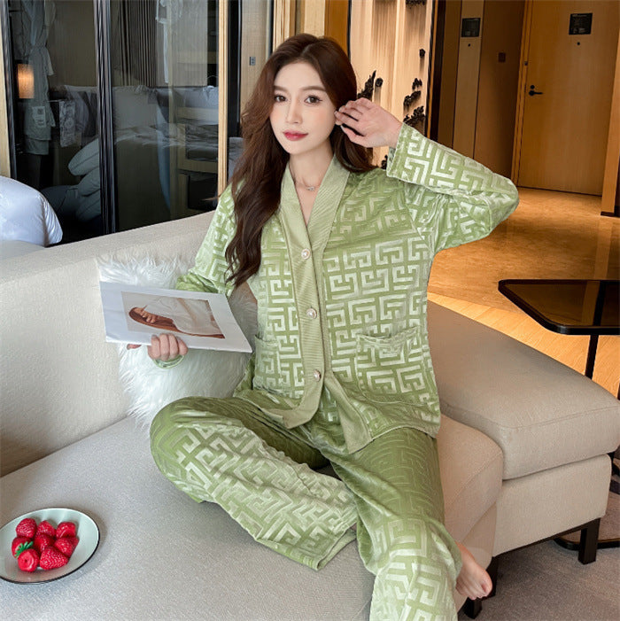 Gold Velvet Women's Pajama Set - Medium Thickness, Long Sleeve, Trousers, Winter Spring Autumn