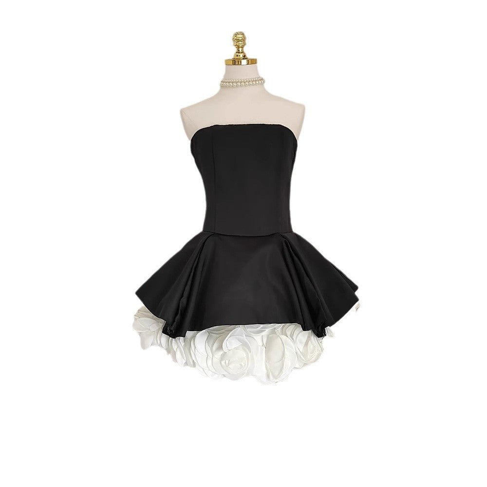 French Hepburn Style Black And White Contrast Color Three-dimensional Flower Waist-controlled Slim Fit Slimming Pettiskirt