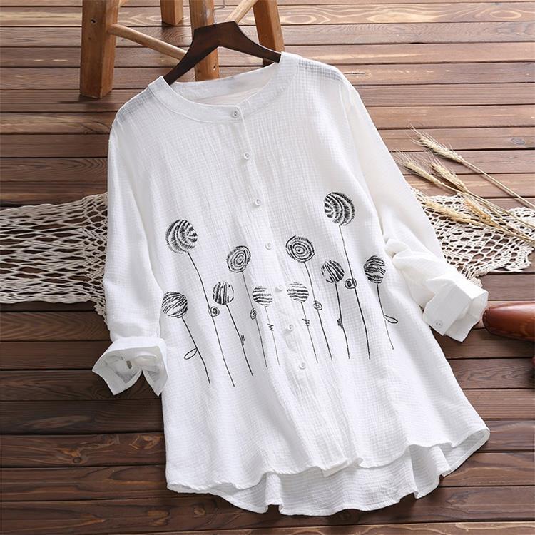 Large Size Retro Long Sleeve Button Print Shirt for Women