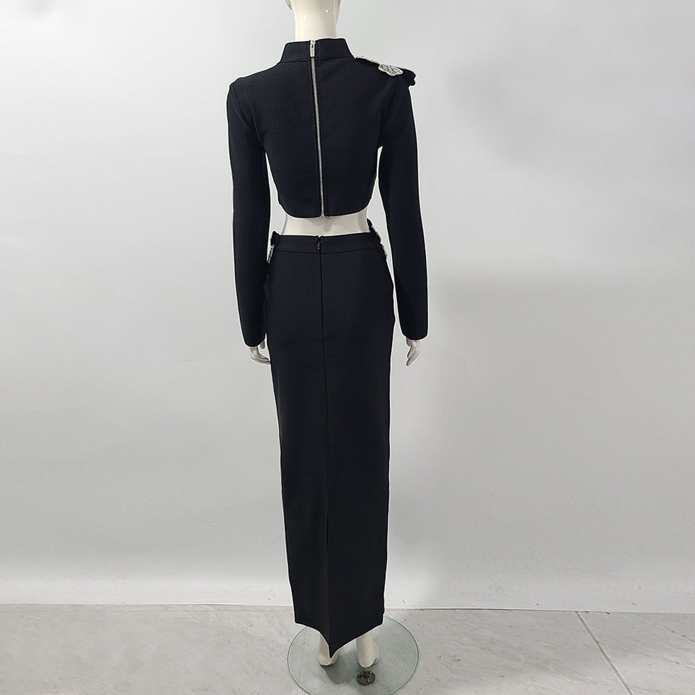 Black Polyester Two-Piece Set Long Sleeve Top & High Waist Skirt