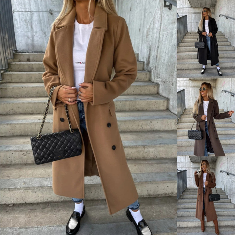 Double-Breasted Lapel Belted Long Sleeve Winter Jacket for Women