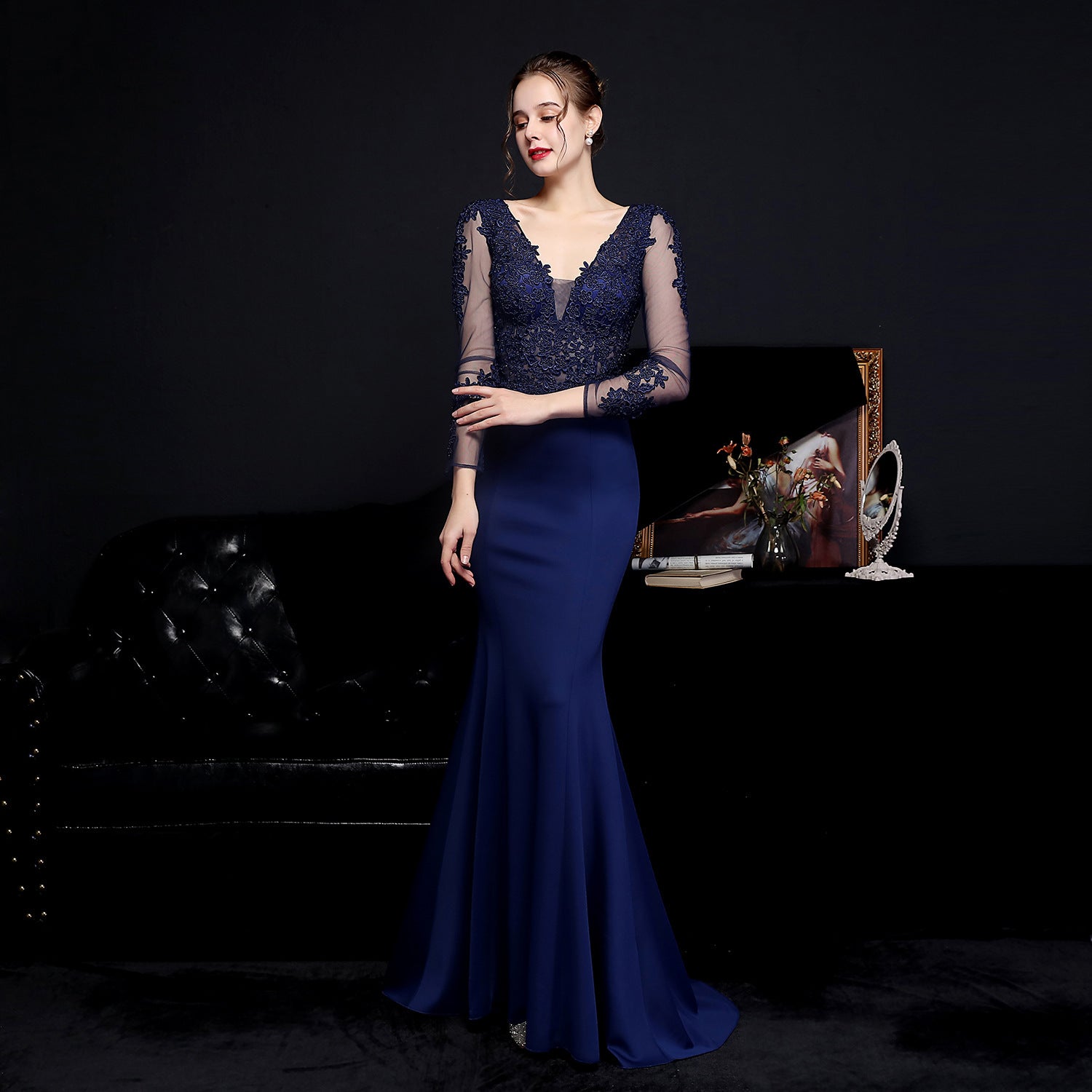 Women's High Waist Lace Diamond Toast Dress Long Sleeve