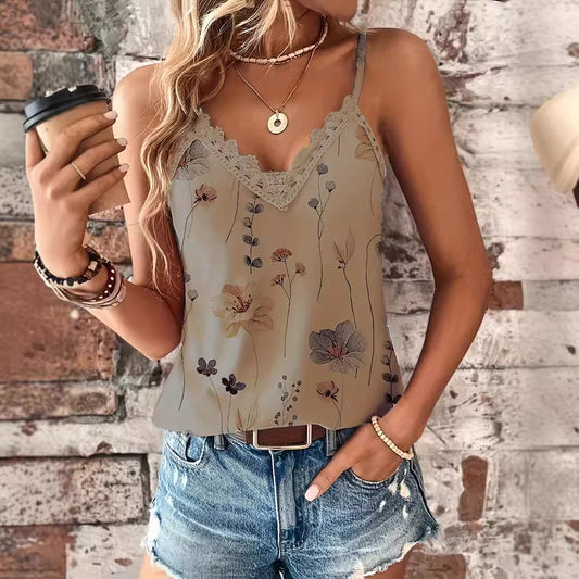 Women's European And American Style Lace Printed Lace V-neck Pullover Strap