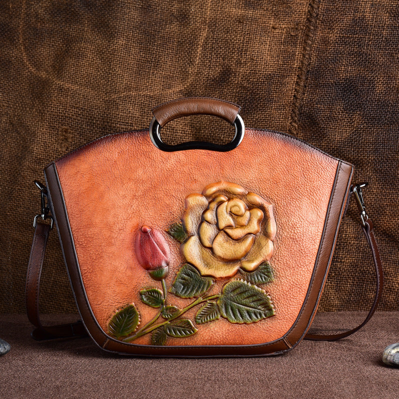 Retro Embossed Cowhide Messenger Handbag 35cm Zipper Closure