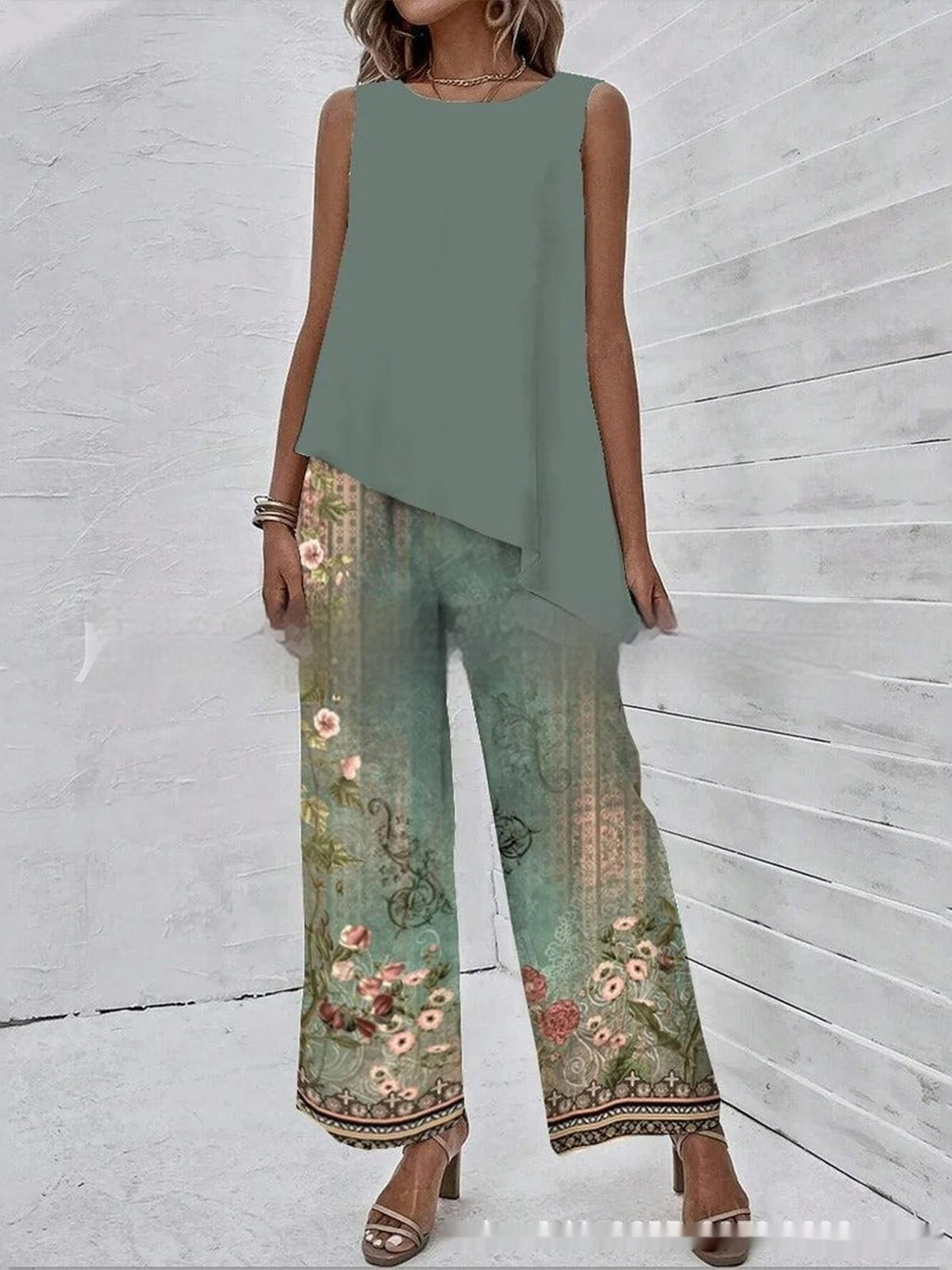 Women's Sleeveless Round Neck Top & Printed Pants Set Spring Summer
