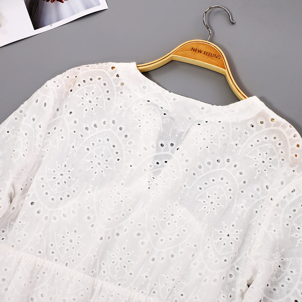 Summer White 3/4 Sleeve Lotus Leaf Print Dress