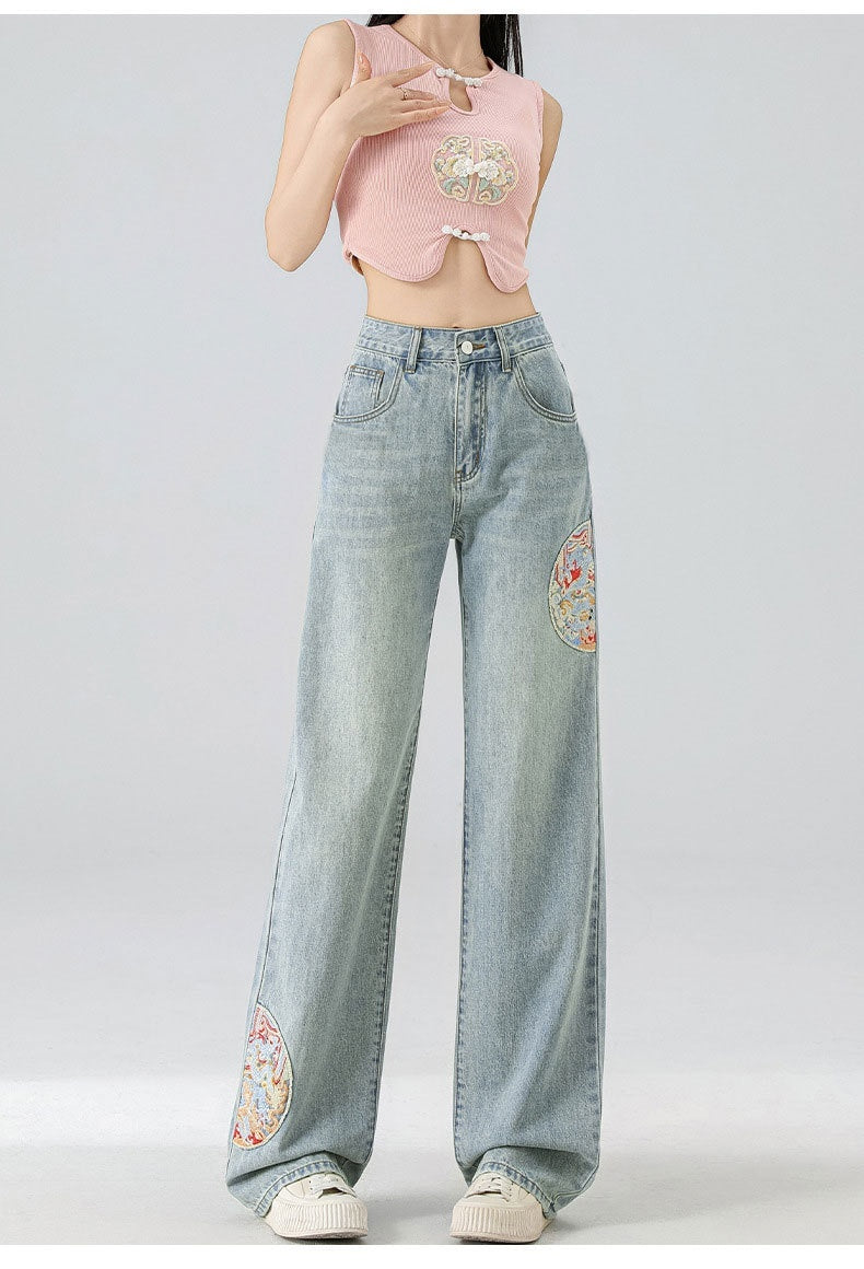High Waist Light Blue Embroidered Wide Leg Cotton Denim Trousers