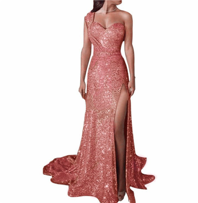 Women's One-Shoulder Sleeveless Bronzing Split Dress