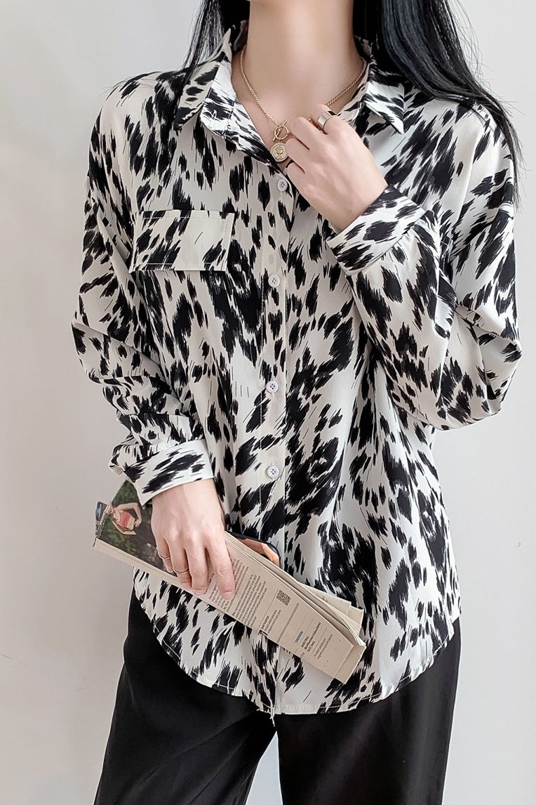 Casual Retro Polo Collar Loose Long Sleeve Shirt Polyester