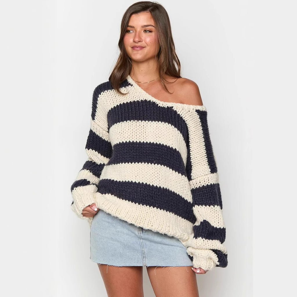 Loose Knitted Pullover Sweater with Oblique Shoulder for Fall Winter