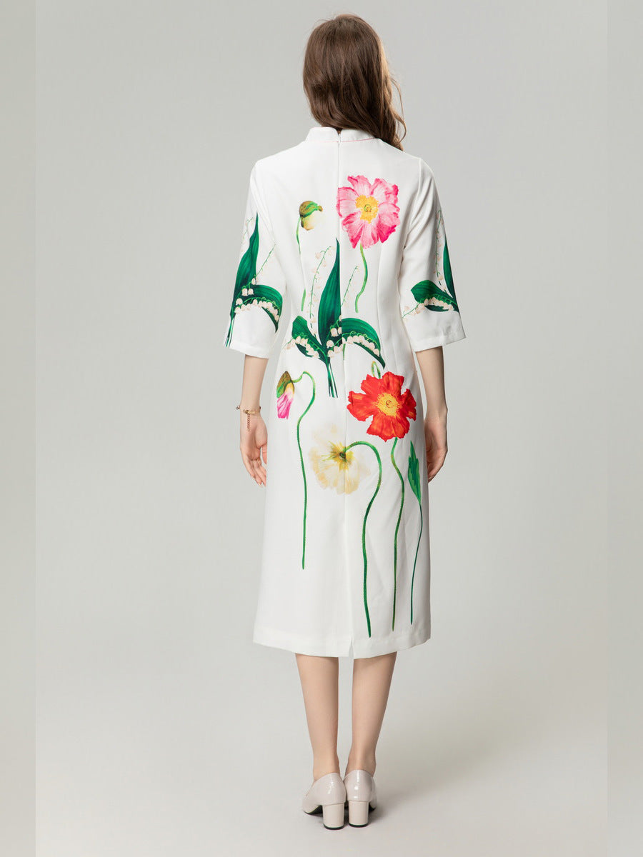 Positioning Printing Flower Heavy Industry Beads 34 Sleeve Dress