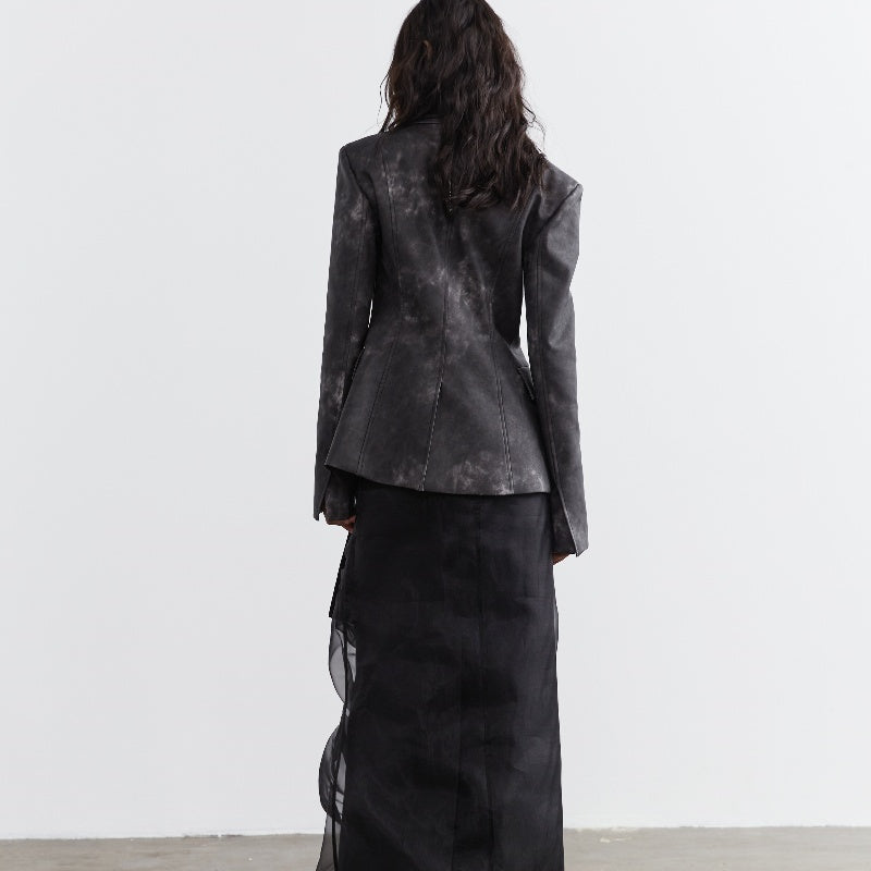 Dark Punk Smoked Ink Dyed PU Leather Coat Two-Piece Look