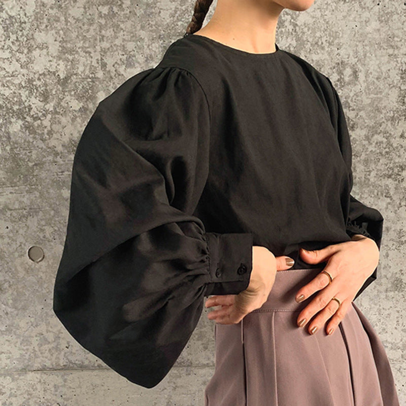Women's Autumn Cotton Crew Neck Lantern Sleeve Shirt