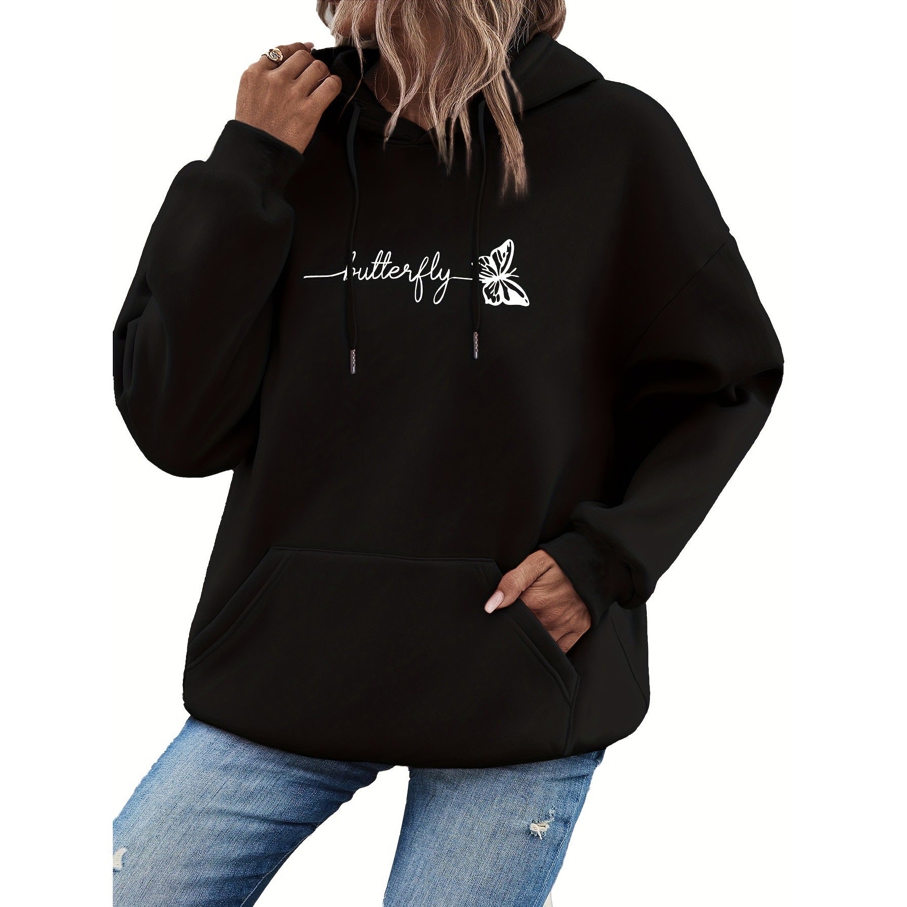 Womens Casual Pullover Hoodie with Drawstring and Butterfly Print