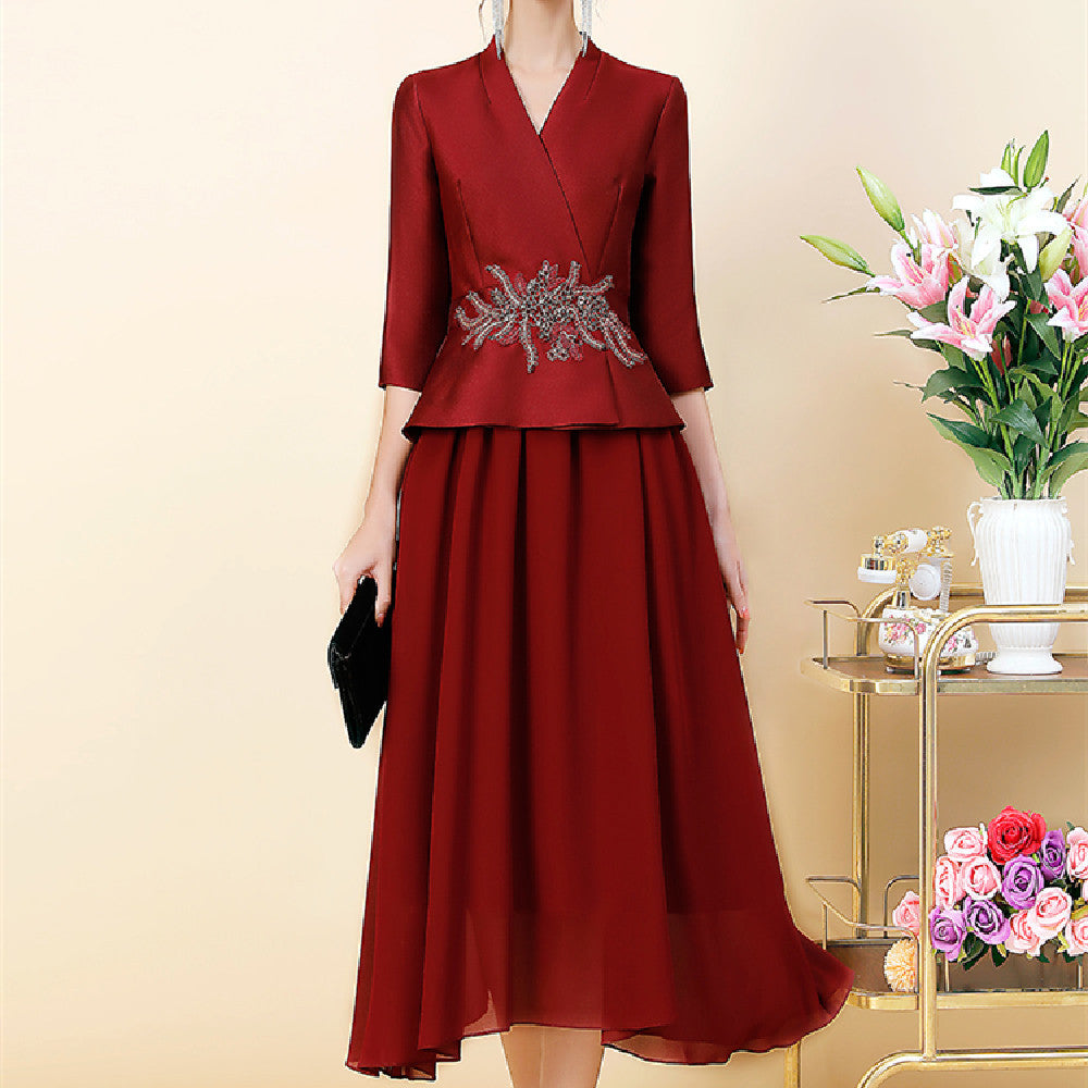 Middle Eastern Elegant Wine Red 2-Piece Suit Set